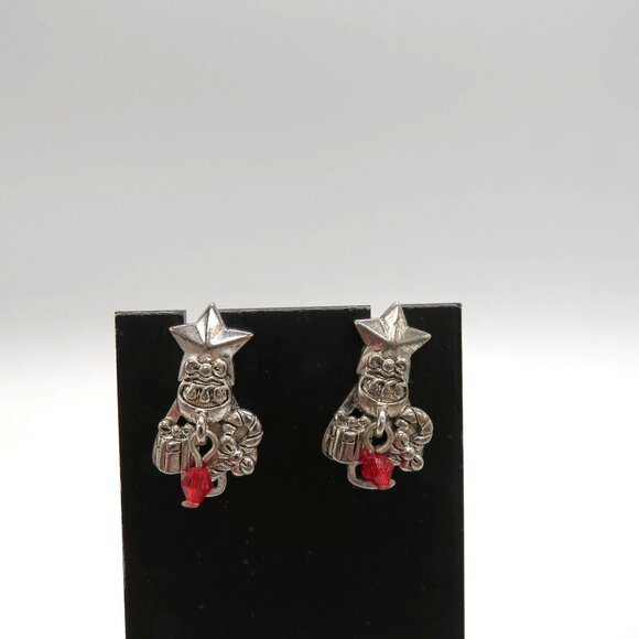 Christmas Earrings Presents Candy Cane Star Silver Tone Pierced Red Dangle Bead - Picture 3 of 7